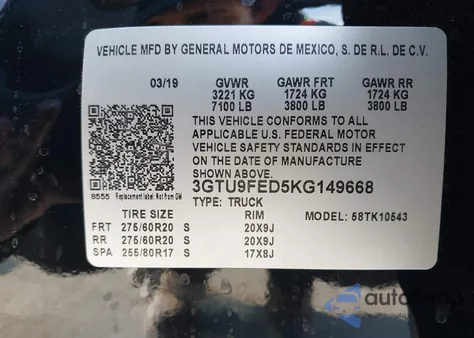 2019 GMC Sierra 1500 Denali из США, поврежденный, VIN 3GTU9FED5KG149668